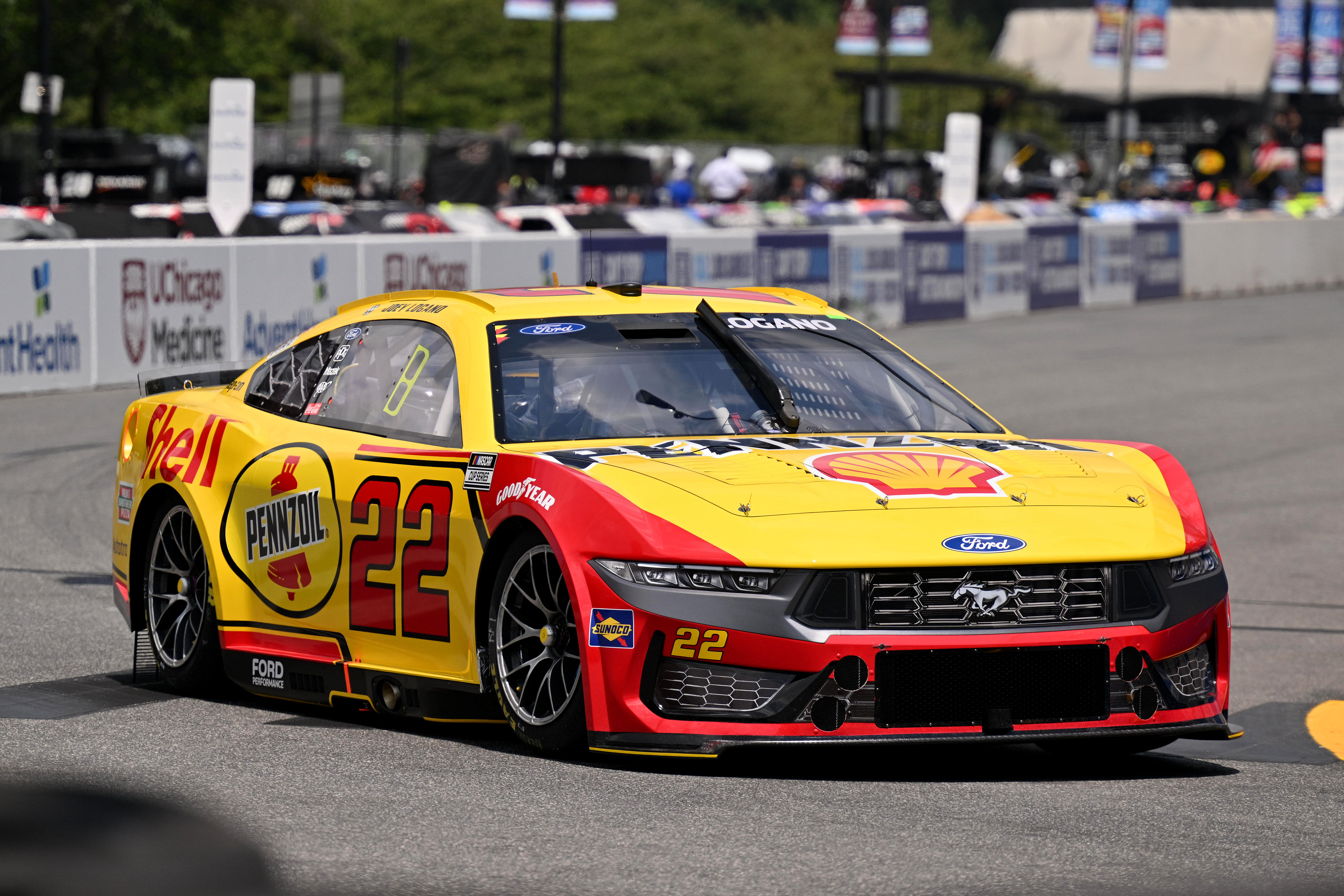 Joey Logano driving the #22 Team Penske Ford on the streets of Chicago - Source: Imagn